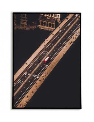 Plakat Londynu z lotu ptaka, most londyński i czerwony autobus