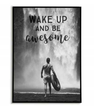 Motivational poster with inscriptions and a waterfall. Man in front of a waterfall