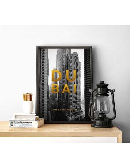Poster with the city, Dubai Arab Emirates with the city name and golden inscriptions