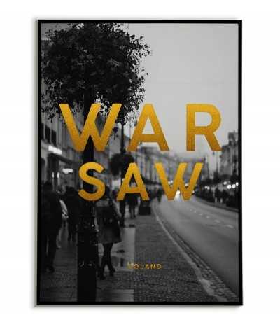 Poster with Warsaw and gold subtitles. Black and white picture of Warsaw and subtitles