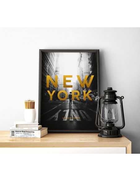 poster with new york and golden inscriptions. New York poster with the name of the city and country.