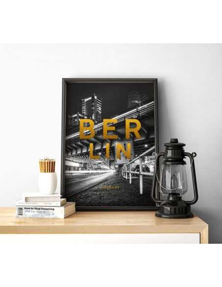 Poster with Berlin. Poster with the name of the city of Berlin and golden inscriptions.