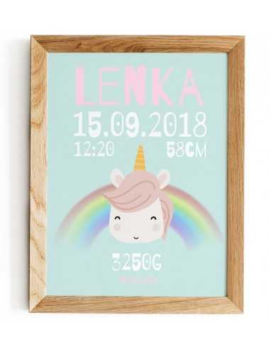 metryczka dla dziecka - różowa z jednorożcem i tęczą obrazek do ramki personalizowany metryczka dla dziecka - różowa z jednorożcem i tęczą obrazek do ramki personalizowany