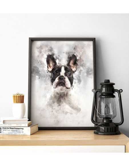 Poster with French bulldog made in watercolors. Portrait of a french bulldog. French bulldog poster