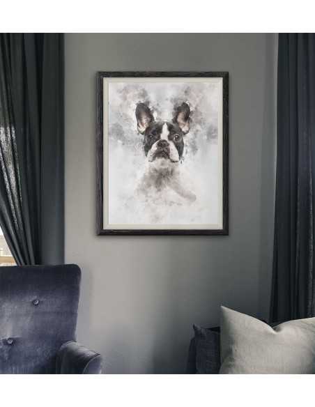 Poster with French bulldog made in watercolors. Portrait of a french bulldog. French bulldog poster