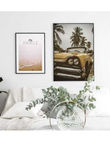 A modern poster with a Cuban green car and palm trees. Scandinavian poster A modern poster with a Cuban green car and palm trees. Scandinavian poster