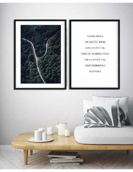 Scandinavian poster with a photo of two roads in the forest. Green color