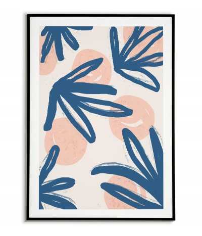 Skandynawski plakat abstrakcyjny malowany farbą przedstawia koła oraz niebieskie rośliny