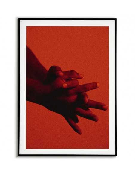 Plakat skandynawski z dłońmi, przewaga czerwonego i czarnego koloru