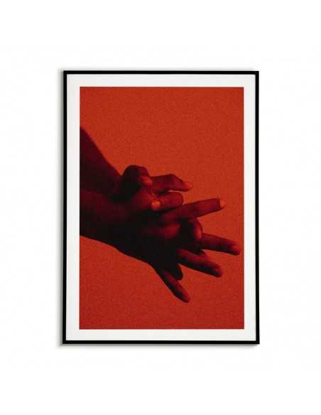 Plakat skandynawski z dłońmi, przewaga czerwonego i czarnego koloru