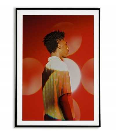 Scandinavian poster, photographic portrait, red graphics on the wall