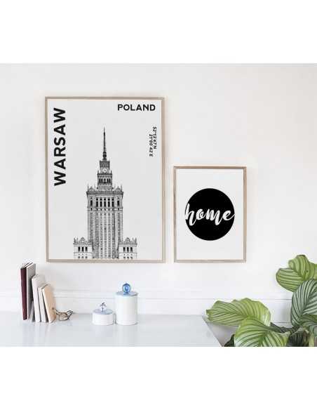 Plakat, grafika na ścianę Warszawa ze zdjęciem pałacu kultury i współrzędnymi geograficznymi
