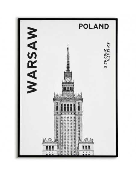 Plakat, grafika na ścianę Warszawa ze zdjęciem pałacu kultury i współrzędnymi geograficznymi