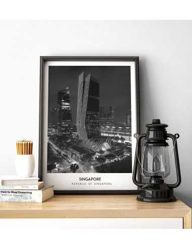 Poster with the city of Singapore. Picture on the wall. black and white photo on the wall Poster with the city of Singapore. Picture on the wall. black and white photo on the wall