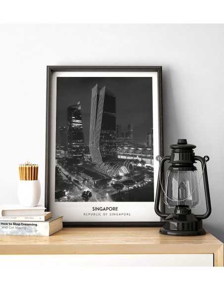 Poster with the city of Singapore. Picture on the wall. black and white photo on the wall