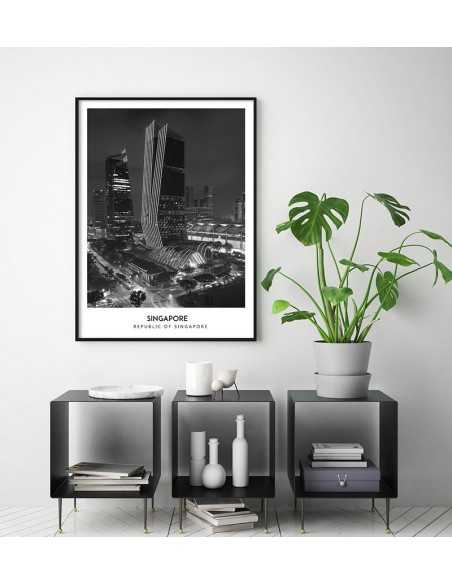 Poster with the city of Singapore. Picture on the wall. black and white photo on the wall