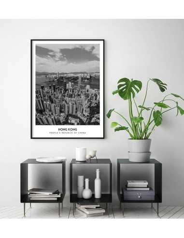 Plakat z miastem Hong Kong w Chinach, Grafika na ścianę obraz. czarno biała fotografia na ścianę Plakat z miastem Hong Kong w Chinach, Grafika na ścianę obraz. czarno biała fotografia na ścianę