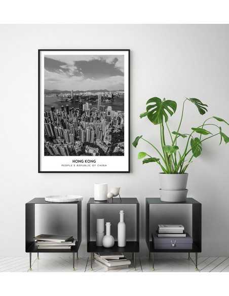 Poster with the city of Hong Kong in China, Wall art picture. black and white photo on the wall