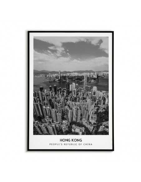 Poster with the city of Hong Kong in China, Wall art picture. black and white photo on the wall