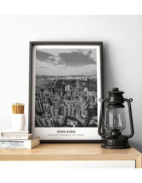 Poster with the city of Hong Kong in China, Wall art picture. black and white photo on the wall