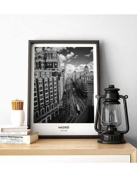 Poster with the city of Madrid in Spain, Wall art painting. black and white photo on the wall