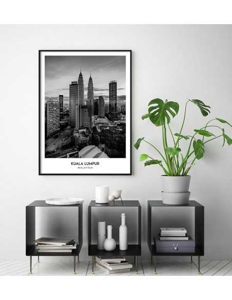 Plakat z miastem Kuala Lumpur w Malezji, Grafika na ścianę obraz. czarno biała fotografia na ścianę