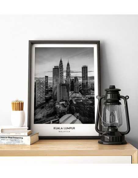 Poster with the city of Kuala Lumpur in Malaysia, Artwork for wall painting. black and white photo on the wall