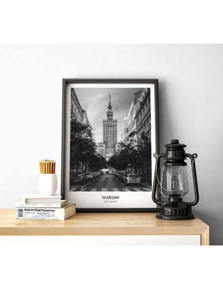 Poster with the city of Warsaw in Poland, Wall art painting. black and white photo on the wall