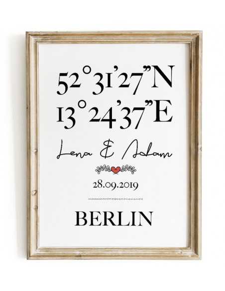 Personalized poster with geographical coordinates with names, date and place name. Wedding graphics