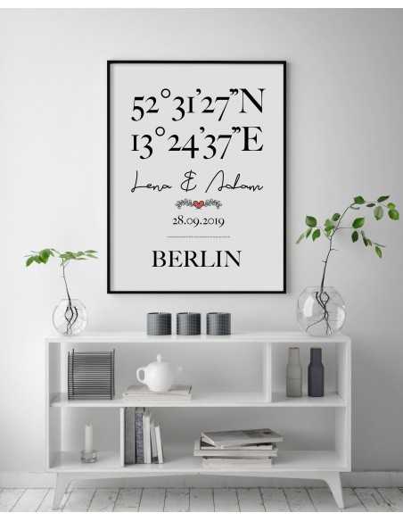 Personalized poster with geographical coordinates with names, date and place name. Wedding graphics