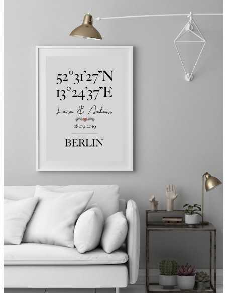 Personalized poster with geographical coordinates with names, date and place name. Wedding graphics