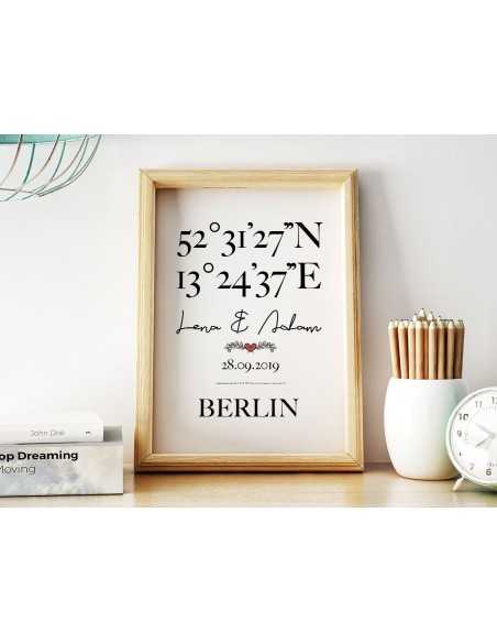 Personalized poster with geographical coordinates with names, date and place name. Wedding graphics