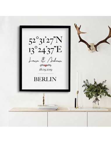 Personalized poster with geographical coordinates with names, date and place name. Wedding graphics Personalized poster with geographical coordinates with names, date and place name. Wedding graphics
