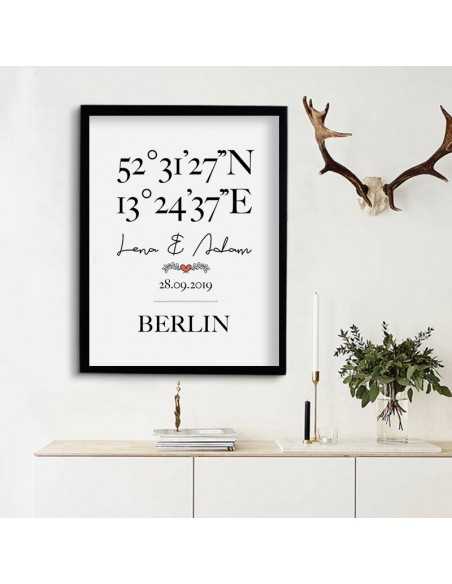 Personalized poster with geographical coordinates with names, date and place name. Wedding graphics