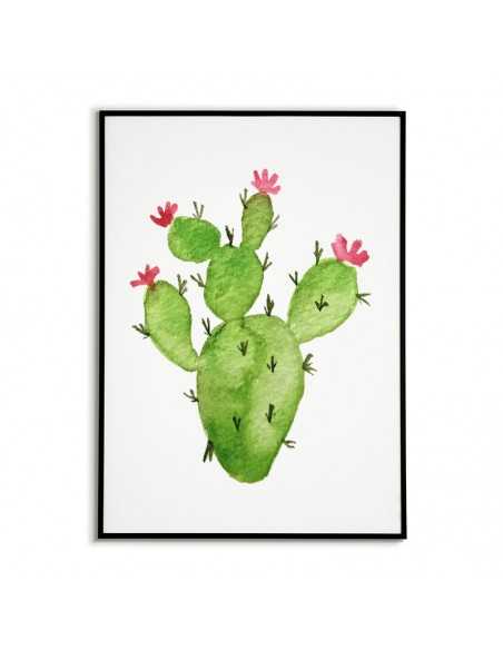Plakat kaktus. Grafika na ścianę z kaktusem z czerwonymi kwiatkami w kolorze zielonym na białym tle.