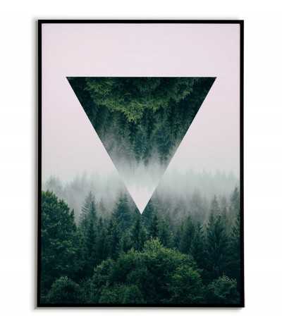 grafika na ścianę, plakat geometryczny las we mgle z trójkątem.