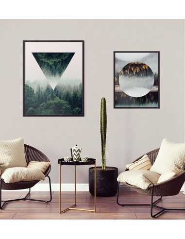 grafika na ścianę, plakat geometryczny las we mgle z kołem. grafika na ścianę, plakat geometryczny las we mgle z kołem.