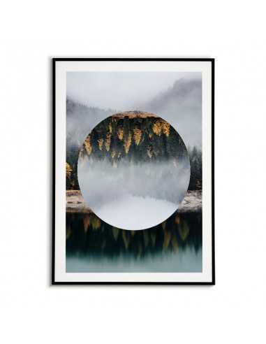 grafika na ścianę, plakat geometryczny las we mgle z kołem. grafika na ścianę, plakat geometryczny las we mgle z kołem.