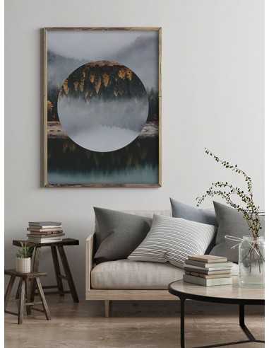 grafika na ścianę, plakat geometryczny las we mgle z kołem. grafika na ścianę, plakat geometryczny las we mgle z kołem.