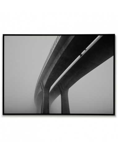 Prints on the wall in the form of a poster with a photograph of the bridge in the fog. Black and white picture Prints on the wall in the form of a poster with a photograph of the bridge in the fog. Black and white picture