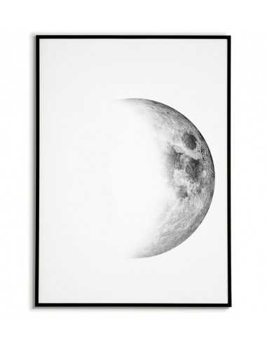 Plakat z księżycem w drugiej kwarcie. Minimalistyczna grafika do ramki z księżycem. Plakat idealny do salonu lub sypialni.