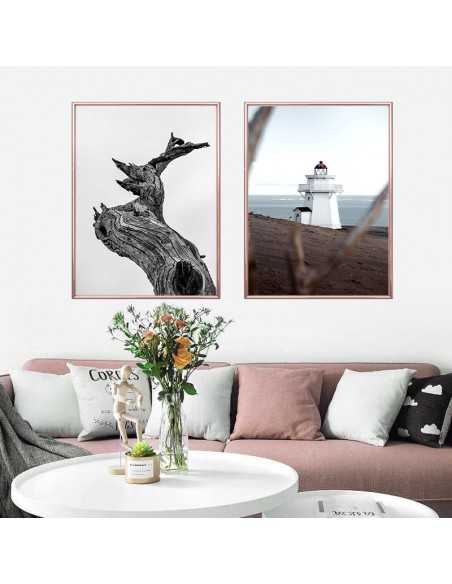 A poster with a lighthouse. Beautiful artwork for a frame with a sea theme. Lighthouse on the shore, beautiful photography