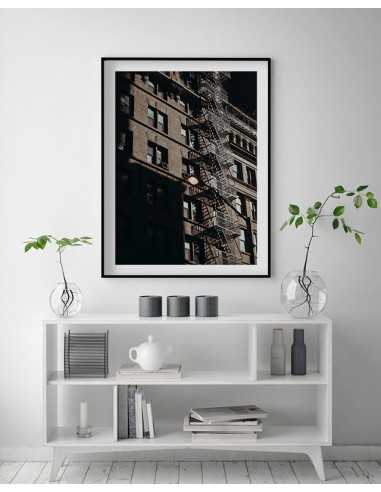 Poster with emergency escape stairs in New York. Beautiful artwork to frame with city architecture. Poster with emergency escape stairs in New York. Beautiful artwork to frame with city architecture.