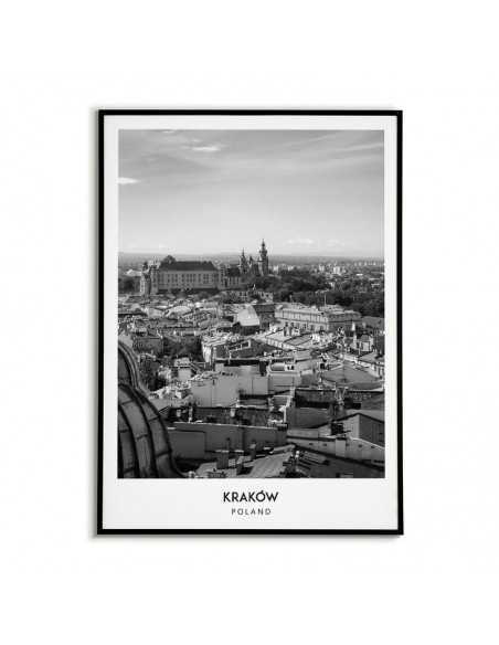 Plakat z miastem Kraków w Polsce, Grafika na ścianę obraz. czarno biała fotografia na ścianę