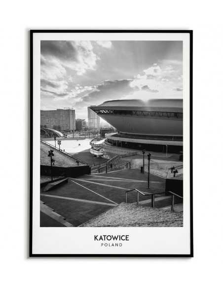 Plakat z miastem Katowice w Polsce, Grafika na ścianę obraz. czarno biała fotografia na ścianę