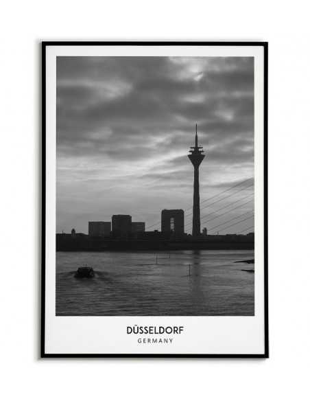 Plakat z miastem Düsseldorf w Niemczech, Grafika na ścianę obraz. czarno biała fotografia na ścianę