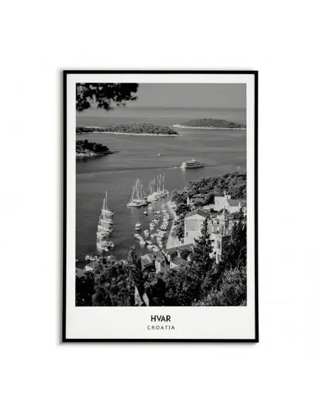 Poster with the city of Hvar in Croatia, Artwork on the wall painting. black and white photo on the wall
