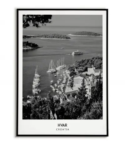 Poster with the city of Hvar in Croatia, Artwork on the wall painting. black and white photo on the wall