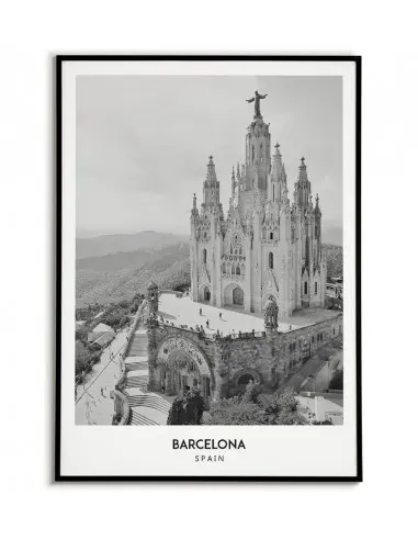 Plakat z miastem Barcelona w Hiszpanii, Grafika na ścianę obraz. czarno biała fotografia na ścianę