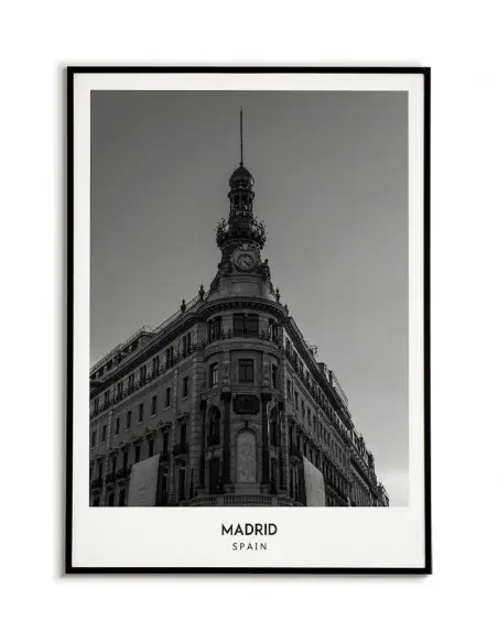 Plakat z miastem Madryt w Hiszpanii, Grafika na ścianę obraz. czarno biała fotografia na ścianę.